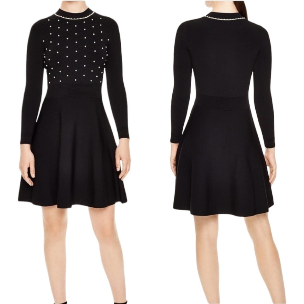 Sandro Paris Vanessa Black Pearl Embellished Fit & Flare Dress S NEW Noir Knit